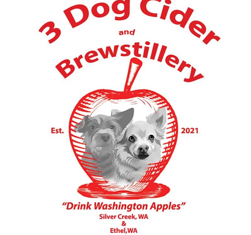 3 Dog Cider and Brewstillery, an apple with 2 dogs